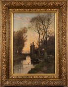 Marinus Gidding [1863-1925]- Sunset over the gateway to an estate, woodsman in the foreground,