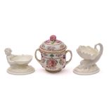 Two Royal Worcester white shell table salts and a Samson famille rose armorial two-handled urn and