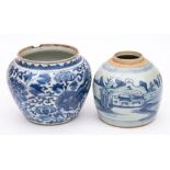 Two Chinese porcelain jars: one of squat oviform painted in blue with two lion dogs amongst