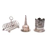 A silver plated wine funnel: a six-division toast rack and a bottle coaster.