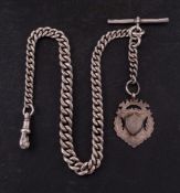A silver Albert pocket watch chain: curb link marked for silver, with silver medal,