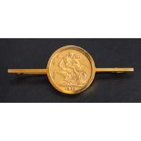 A 9ct gold bar brooch set with a George V full gold sovereign coin, 1911,