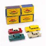 Matchbox Regular Wheels. A boxed group of four: No. 22 Vauxhall, No. 30 Ford Popular, No.