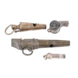 A small whitemetal fob whistle :together with a small Acme pattern whistle with dog armorial and
