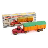 French Dinky 36B Tracteur Willeme: red cab , orange and red trailer with green plastic tarpaulin,