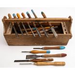 A collection of woodturning chisels: various sizes and makers including Mitchell & Co,