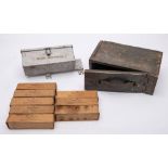 A mixed assortment of militaria: to include browning machine gun ammunition box, webbing, kit bags,