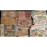 A collection of world banknotes including The Parish of St Helena Fifty Cents,