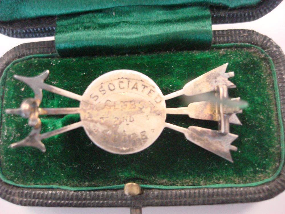 Four Victorian white metal Archery trophy brooches: each in the form of a monogrammed target - Image 5 of 5