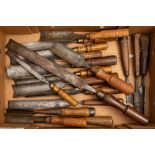A collection of woodturning chisels: various sizes and makers including Mort & Co , James Howarth,