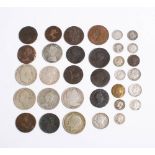 A collection of mixed coins including an 1857 shilling: an 1817 halfcrown, 1898 florin,
