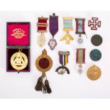 A small collection of Masonic and other lodge jewels and regalia: including a silver an enamel