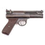 A Webley Senior .22 calibre air pistol: serial number 'S18598' with brown Bakelite two piece grips.