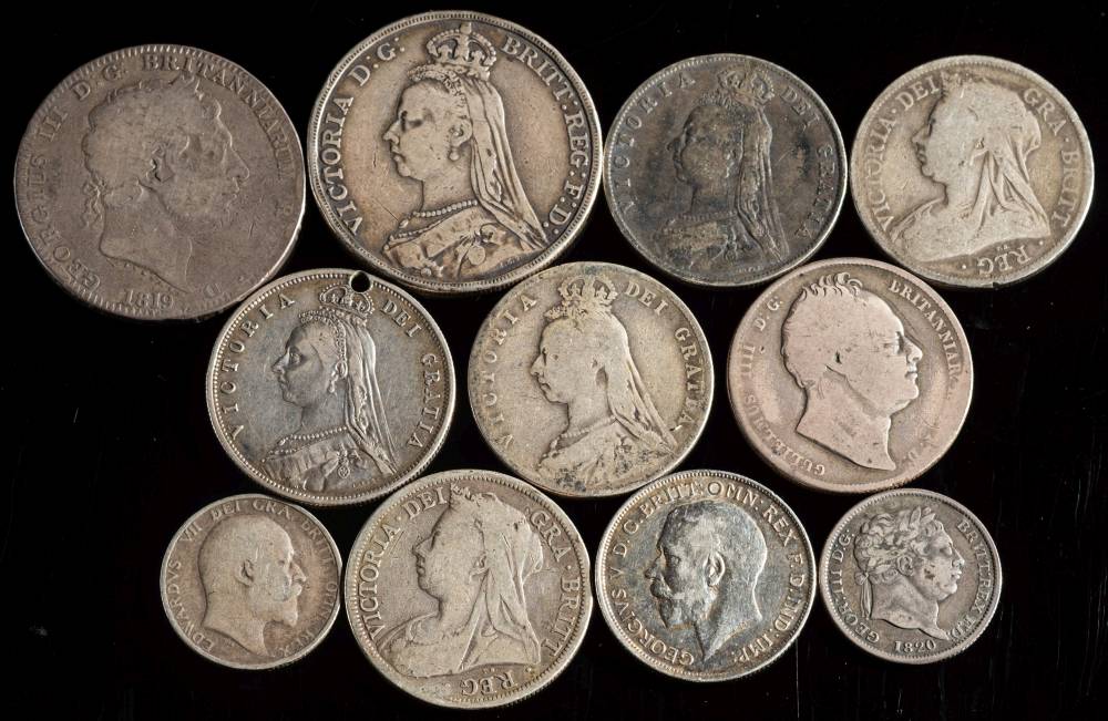 An 1892 crown: 1819 crown, five Victorian halfcrowns, 1908 & 1820 shilling, - Image 2 of 2
