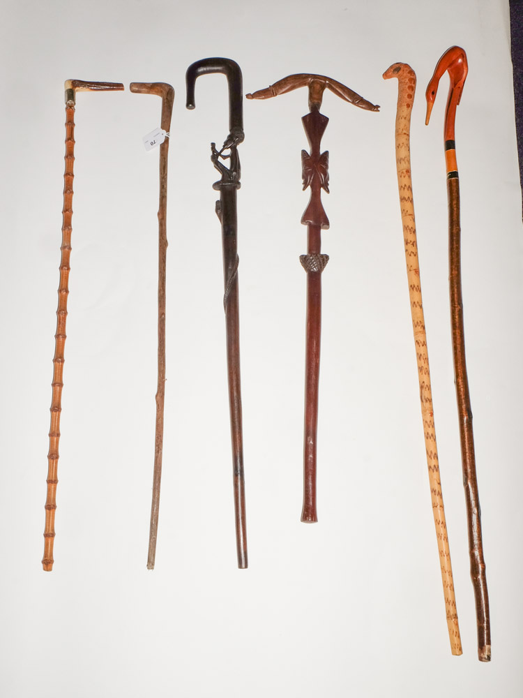 A group of six assorted walking canes:, including African examples. - Image 2 of 5