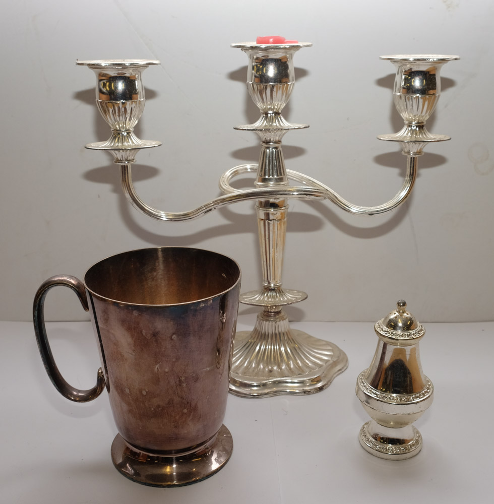 Four assorted silver plated mugs, a twin branch candelabra, butter dish: etc. - Image 3 of 3