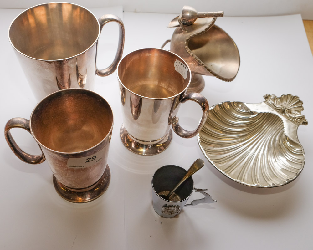 Four assorted silver plated mugs, a twin branch candelabra, butter dish: etc. - Image 2 of 3