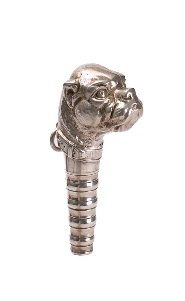 A Victorian silver dog's head parasol handle in the form of a Boxer:,