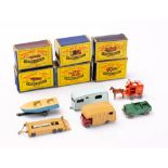 Matchbox Regular Wheels.: A boxed group of six No. 35 Marshall horse box, No. 12 Land Rover, No.