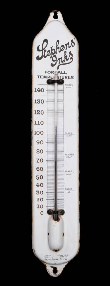 An enamel advertising thermometer for 'Stephens Inks' by Ralph & Jordan, Bilston,