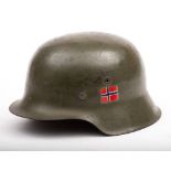 A WWII German M40 pattern Stahlhelm: green with hand painted Norwegian flag to one side,
