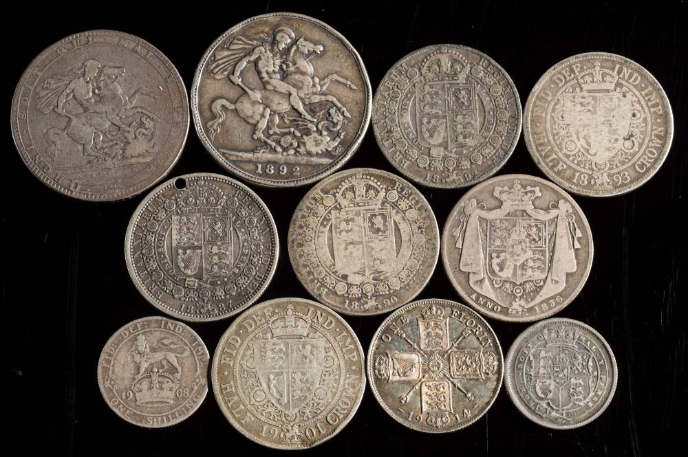 An 1892 crown: 1819 crown, five Victorian halfcrowns, 1908 & 1820 shilling,