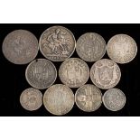 An 1892 crown: 1819 crown, five Victorian halfcrowns, 1908 & 1820 shilling,