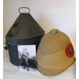 Imperial regulation cork/pith helmet, contained in a Japanned metal hat case by Hobson & Sons,