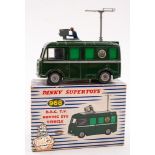 A boxed Dinky 968 BBC TV Roving Eye Vehicle: dark green with grey roof and cameraman figure,