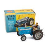 Corgi 67 Ford 5000 Super Major Tractor: blue, grey with painted driver and jeweled headlights,