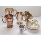 Four assorted silver plated mugs, a twin branch candelabra, butter dish: etc.