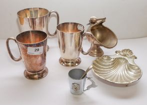 Four assorted silver plated mugs, a twin branch candelabra, butter dish: etc.