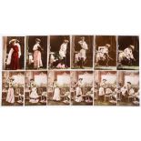 Two sets of early 20th century French hand tinted photograph striptease postcards:.