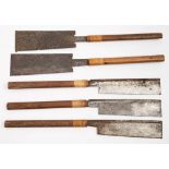 Two Japanese Ryoba and three Dozuki veneer saws: all with bamboo bound handles,