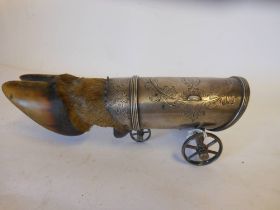 A Victorian silver plated table snuff mull: in the form of a three-wheel wagon with stag slot mount,