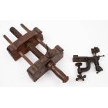 A 19th century wooden clamp or vice with pointed steel blade: together with a lathe rest by F.