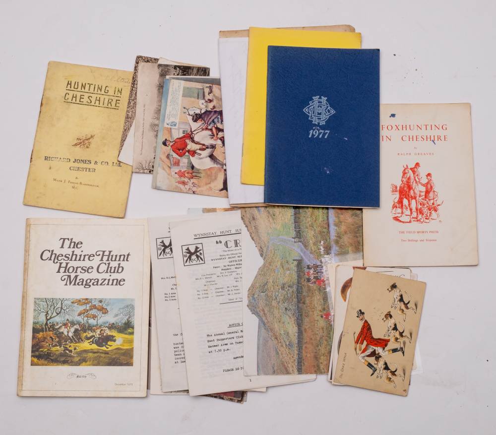 A small group of hunting ephemera and postcards: including Greaves, R 'Fox hunting In Cheshire'.
