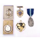 Two silver sports medallions: together with two Masonic jewels and one other lodge jewel, 1.4oz.