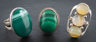 Three gemset rings,: including one silver malachite, Birmingham, 1978,