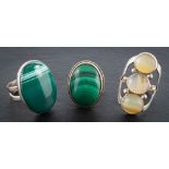 Three gemset rings,: including one silver malachite, Birmingham, 1978,