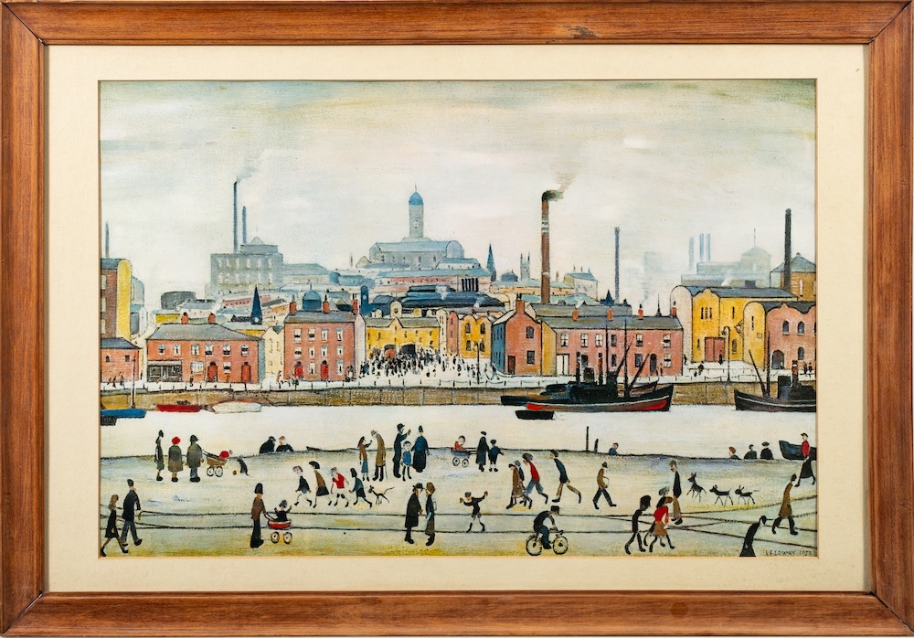 After L S Lowry- Factory Canal and Figures,:- colour print, 40 x 60cm.