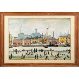 After L S Lowry- Factory Canal and Figures,:- colour print, 40 x 60cm.