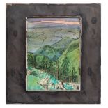 An enamelled metal plaque: of rectangular form decorated with an upland landscape,