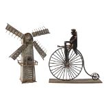 Three mid 20th Century metal artisan figures,: comprising Don Quixote, penny farthing and windmill,