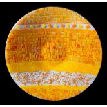 A large art glass dish: of circular form the clear and white speckled ground applied with orange