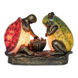 A late 20th century novelty resin lamp: in the form of a seated turtle and frog playing chess,