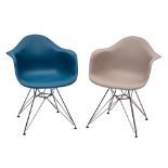 A pair of North American coloured plastic and metal 'Shell' armchairs, by Herman Miller,