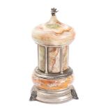 A continental onyx and plated novelty musical cigarette dispenser: in the form of a temple,