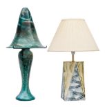 A Monart style variegated glass table lamp and shade: of mushroom outline,