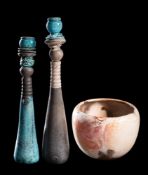 Three raku fired stoneware vessels: comprising a John Bedding [b.